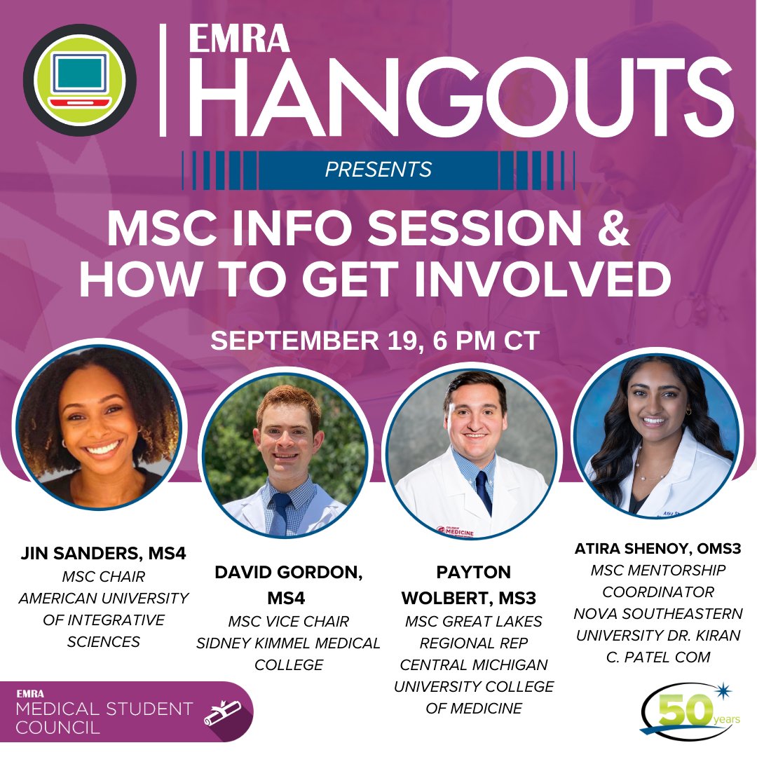 📣 Join us on Sept. 19 @ 6pm Central for EMRA Hangouts featuring Jinger Sanders (MS4), David Gordon (MS4), Payton Wolbert (MS3), &amp; Atira Shenoy (OMS3) as they discuss their experience being part of EMRA's MSC and how YOU can get involved! 

Register now 👉 bit.ly/4e2jzBu