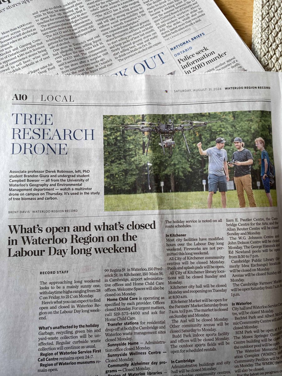 Flying <a href="/UWaterloo/">University of Waterloo</a> last week with our @harrisaerial H6 and <a href="/RIEGL/">RIEGL</a> Ultra 120 put together by <a href="/PhoenixLiDAR/">Phoenix LiDAR</a> with <a href="/GeogWaterloo/">Waterloo Geography</a> #coop #student Campbell Bowser and #PhD student Brandon Giura when we ended up in the <a href="/WR_Record/">Waterloo Region Record</a> 😀