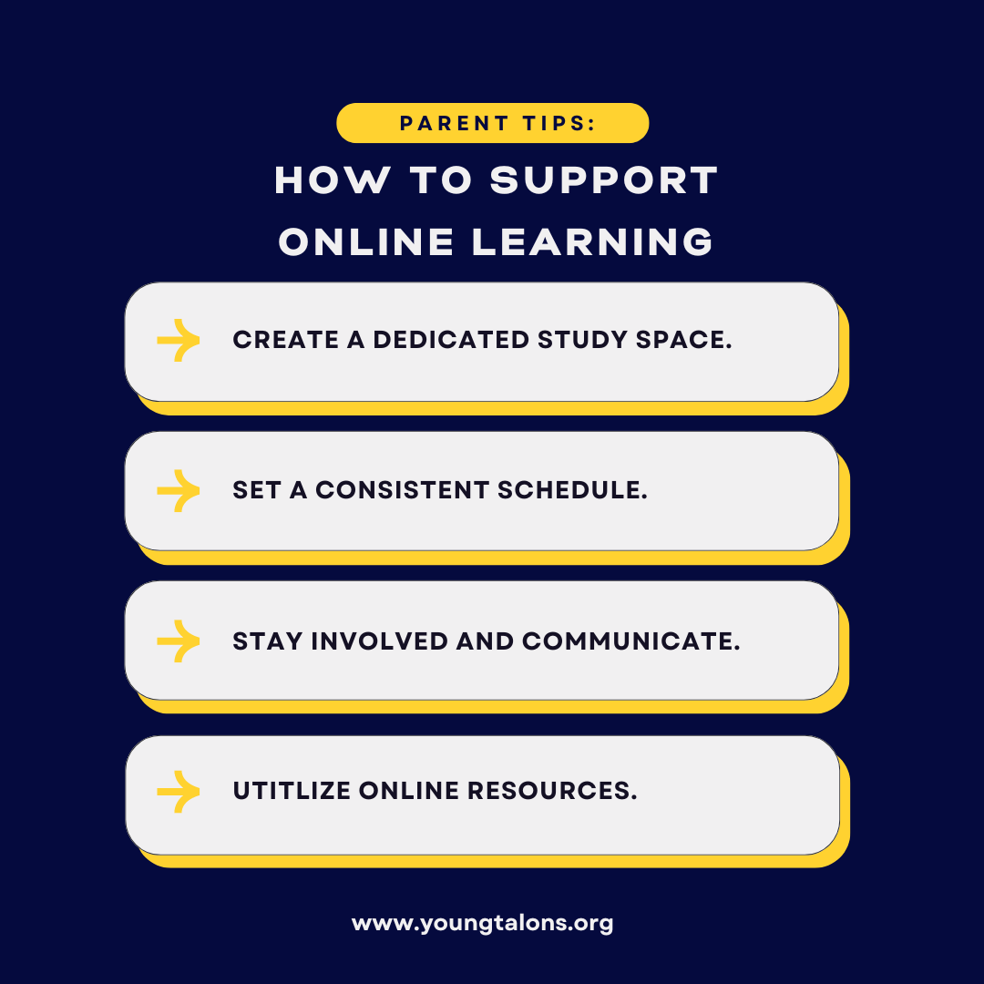 Parents, you play a crucial role in your child’s education. Here are some tips to help you support their learning journey! 📚✨ #OnlineLearning #ParentTips #YoungTalons
