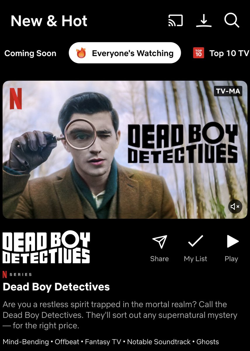 dbdagency's tweet photo. Trending again! Dead Boy Detectives is once again on Netflix’s New and Hot tab under the ‘Everyone’s Watching’ in the US 💜

Is it trending in your country? Reply with the hashtags;

#SaveDeadBoyDetectives
#DeadBoyDetectives https://t.co/WWed7DG2sH
