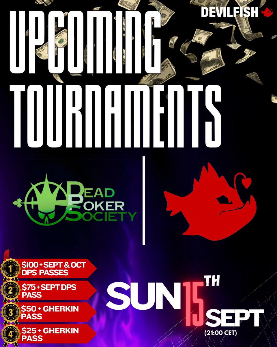 Devilfish (@devilfishpoker_) on Twitter photo Devilfish X <a href="/DPS_Club54/">💀ÐÈÄÐ þÖKÈR §ÖÇÌȆ¥💀</a> Cross Community Tournament
📅Sunday 15th 9PM CET
$250 Prizepool
🥇$100 + Sept & Oct DPS Passes
🥈$75 + Sept DPS Passes
🥉$50 + Gherkin Pass
4th) $25 + Gherkin Pass
Devilfish ClubGG ID: 445628
You must complete the engage task to be eligible Devilfish X <a href="/DPS_Club54/">💀ÐÈÄÐ þÖKÈR §ÖÇÌȆ¥💀</a> Cross Community Tournament
📅Sunday 15th 9PM CET
$250 Prizepool
🥇$100 + Sept & Oct DPS Passes
🥈$75 + Sept DPS Passes
🥉$50 + Gherkin Pass
4th) $25 + Gherkin Pass
Devilfish ClubGG ID: 445628
You must complete the engage task to be eligible