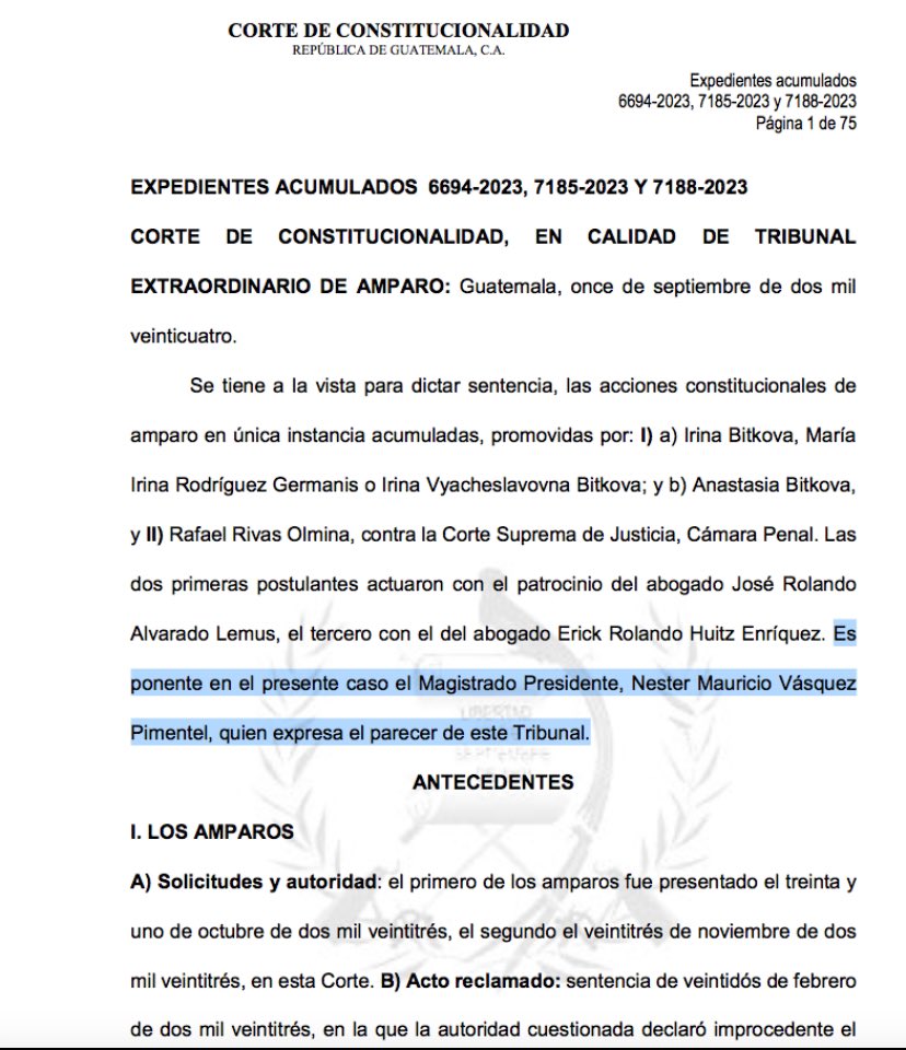 AbogadoRolandoA's tweet photo. La @CC_Guatemala, Ponente Gloria Porras (año 2018), y ahora, la CC presidida por Magistrado Nester Vásquez (año 2024), en forma congruente, resuelven que la familia #Bitkov se encuentra #exenta de responsabilidad penal. Ambas Cortes aplican la #ConvenciónDePalermo https://t.co/fnzByHcmCM