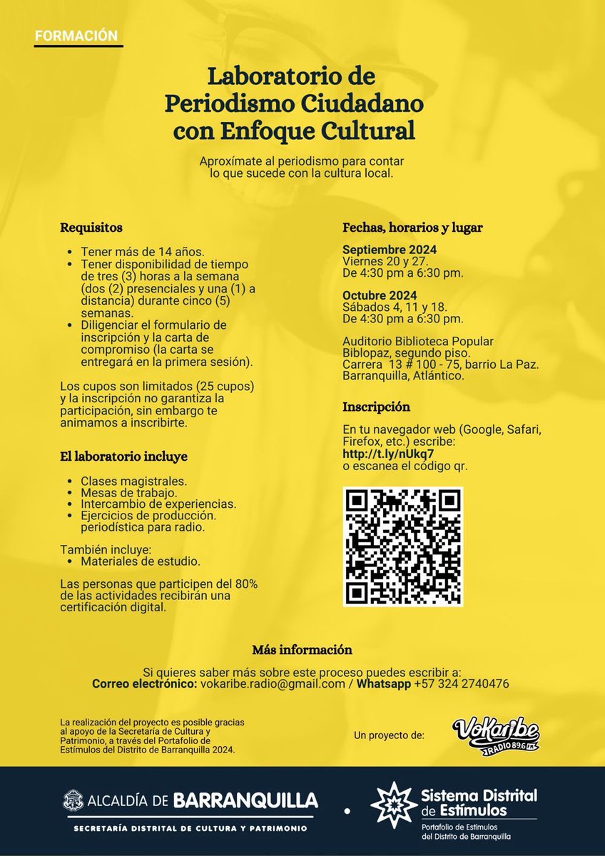 vokaribe's tweet image. #OportunidadesEnBarranquilla 

📻 Laboratorio de Periodismo Ciudadano con Enfoque Cultural

Aproxímate al periodismo para contar lo que sucede con la cultura local.
Inscripciones: t.ly/nUkq7  

Un proyecto de @vokaribe con apoyo de @SecCulturaBaq #Portafolio2024