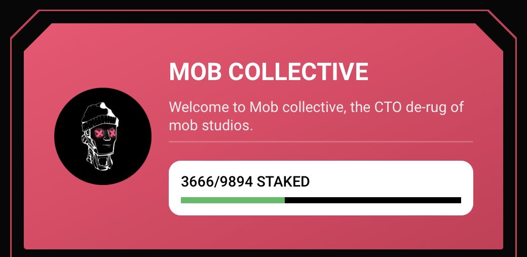MOBCollective_'s tweet image. We gave y’all one week to stake your Mob NFTS before the first drop.

Don’t miss it .

We have 3666 NFTs staked - we’d love to see 50% staked and locked within the first week of staking going live .

Question is - do you want some of the airdrop, it only goes to staked NFTs