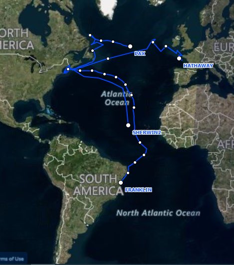 #Birds are on the move and migrating! Great #shearwater Franklin already south of the equator and off Brazil. Sherwin headed S and Pax and Hathaway still in the N Atlantic! #trackseabirds #scicomm #seabirds #BirdsOfTwitter #migration