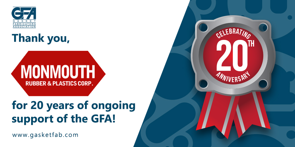 Today, we thank Monmouth Rubber &amp; Plastics Corp. for their commitment and dedication to the gasket industry. It's been 20 years since they joined the GFA, and their contributions have made a lasting impact. monmouthrubber.com  #Meet #Network #Learn
