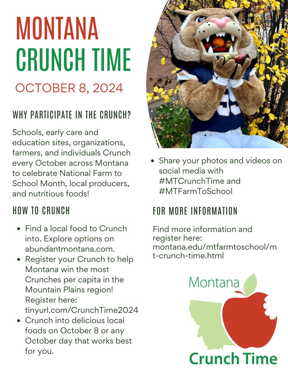Save the Date: Montana Crunch Time on Oct 8! Celebrate National Farm to School Month by crunching into Montana-grown foods. Register your crunch by Oct 31to contribute to Montana’s Crunch count! (loom.ly/WCpslXM)

 #FarmToSchool #MontanaCrunchTime