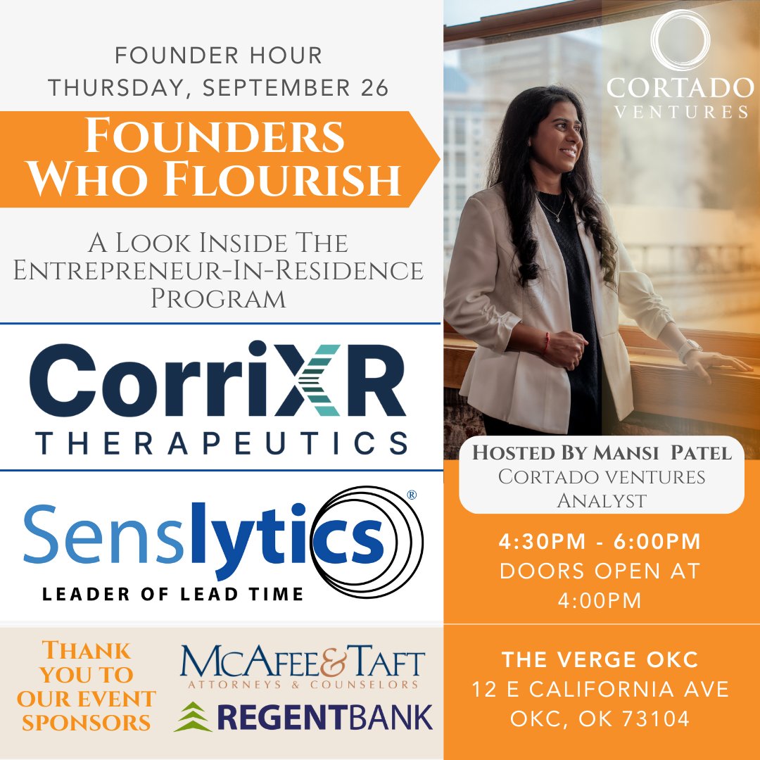 CortadoVentures's tweet image. Join us on 9/26 at The Verge OKC for Founders Who Flourish: Inside The EIR Program 🎤 Hear from the founders of CorriXR &amp;amp; Senslytics on their success journeys 🚀 #FounderHour #Entrepreneurs #EIRProgram #Networking #StartupSuccess #OKCEvents