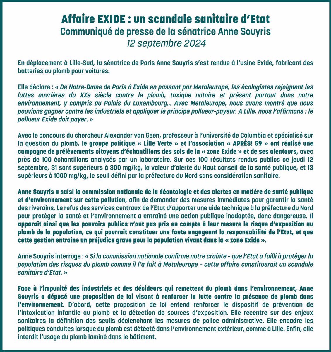 À Lille, dans l’affaire de pollution au plomb causée par l’usine Exide, nous l’avons réaffirmé : le pollueur doit payer. J’y ai présenté la proposition de loi que je dépose contre le plomb. ⁦<a href="/lilleverte/">lilleverte.bsky.social</a>⁩ ⁦<a href="/ecologistesenat/">Sénateurs & Sénatrices Écologistes</a>⁩