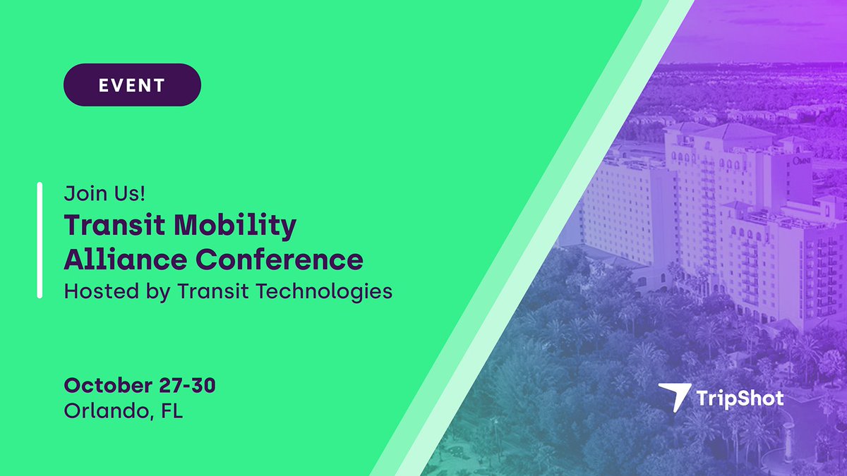 TripshotInc's tweet image. TripShot is excited to participate in the Transit Mobility Alliance Conference in Orlando next month. Register now to attend our sessions &amp;amp; product trainings! #TMAC #Transportation #TransitTechnologies #TDM #CorporateCommute hubs.la/Q02P17My0