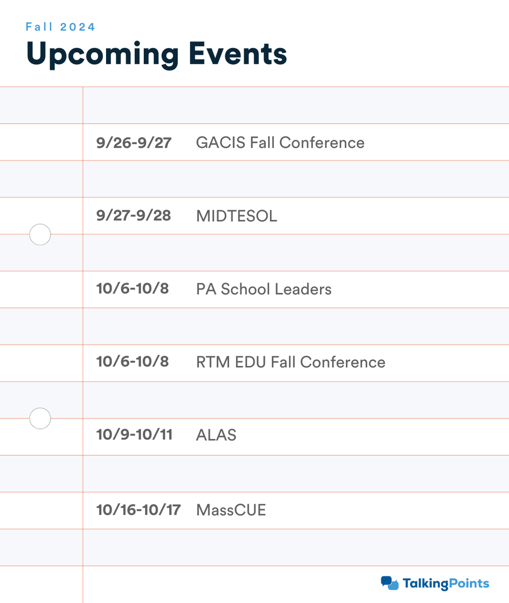 TalkingPointsEd's tweet photo. Will we see you on the road this fall?  #edconference #familyengagement

@gacis1971 @midtesol @masscue @pfetexas @GreatCitySchls @njsba @nafsce @saanys https://t.co/0BTR35fNSx