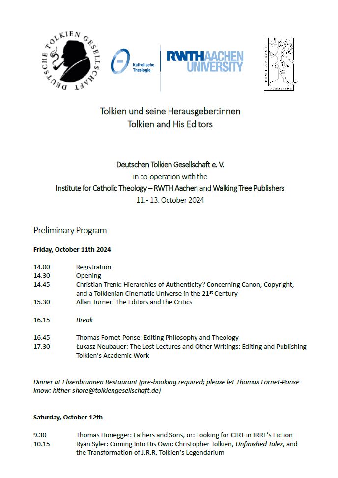TolkienConf2024's tweet photo. 📢 Hier ist das Programm für #Tolkien und seine Herausgeber:innen, dem Seminar der Deutschen Tolkien Gesellschaft. Für die Teilnahme vor Ort ist keine Registrierung notwendig, nur für die  Teilnahme am Konferenzdinner bitte an die unten angegebene Mailadresse  schreiben. https://t.co/gtvPRSmZtI