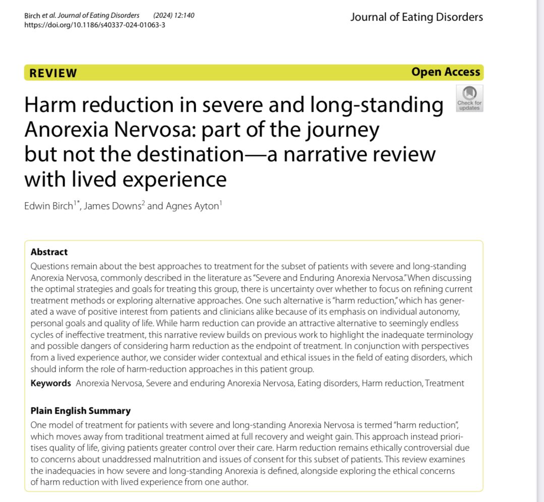 I’m proud of this paper out today on the role of harm reduction in longstanding anorexia. All reads, comments and shares most welcome! jeatdisord.biomedcentral.com/articles/10.11…