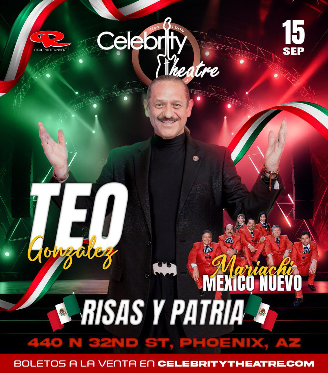 🎉 ¡Este 15 de sept. ríe a carcajadas con Teo González y el Mariachi México Nuevo en Phoenix! 🎭🇲🇽

Una noche llena de humor y música para celebrar las fiestas patrias. 🎶🎤

📍440 N 32nd St, Phoenix, AZ
🎟️ Boletos en: celebritytheatre.com
#RisasYPatria #TeoGonzalez 

¡