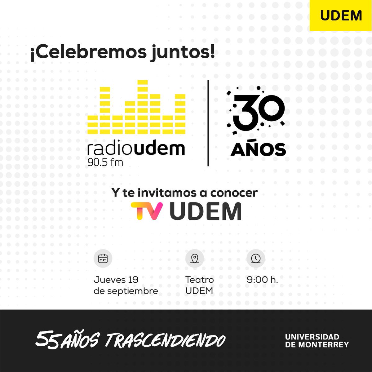 🎙️¡Estás invitado al 30°. aniversario de Radio UDEM!

Será un gran festejo que también enmarcamos en la celebración por los 55 años de la UDEM. Durante el evento, conoceremos TV UDEM, una nueva plataforma de nuestro Departamento de Cine y Comunicación.

🔗 udem.edu.mx/AniversarioRad…