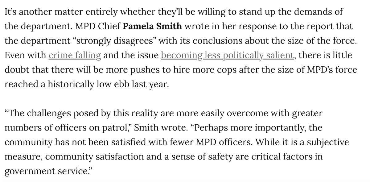 New: Mayor Bowser and other politicians have spent years insisting DC needs more cops. But an eagerly awaited study of MPD staffing by <a href="/ODCA_DC/">Office of the D.C. Auditor</a> says (surprise, surprise) there's no evidence to support that.

They suggested alternatives. Will anyone listen?
washingtoncitypaper.com/article/749204…