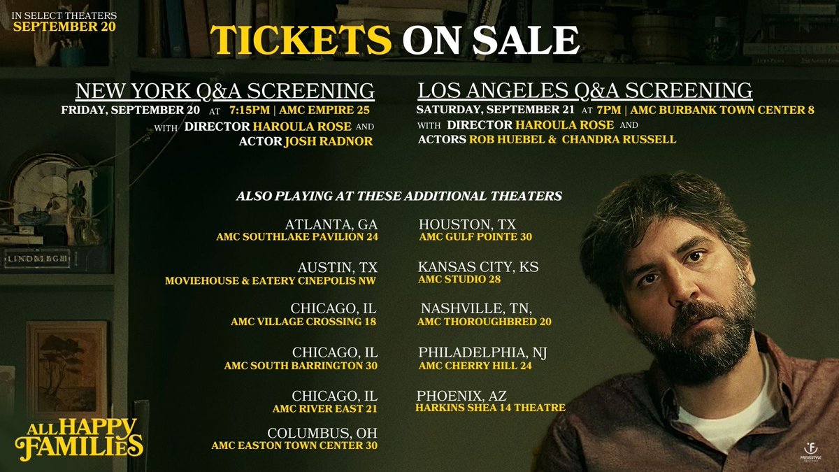 Sometimes, family is the best kind of chaos. See @joshradnor in #AllHappyFamilies, in select theaters starting 9/20! Tickets are on sale NOW – get yours today 🎟️ linktr.ee/freestyledigit…