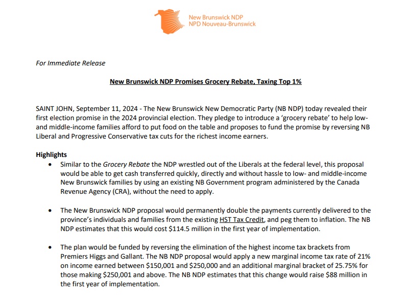 silasjvbrown's tweet photo. The NDP is out with it's first campaign promise as well: doubling the HST rebate, funded by introducing a new top tax bracket for those making over $250,001 a year. https://t.co/AZPdJkSTVw