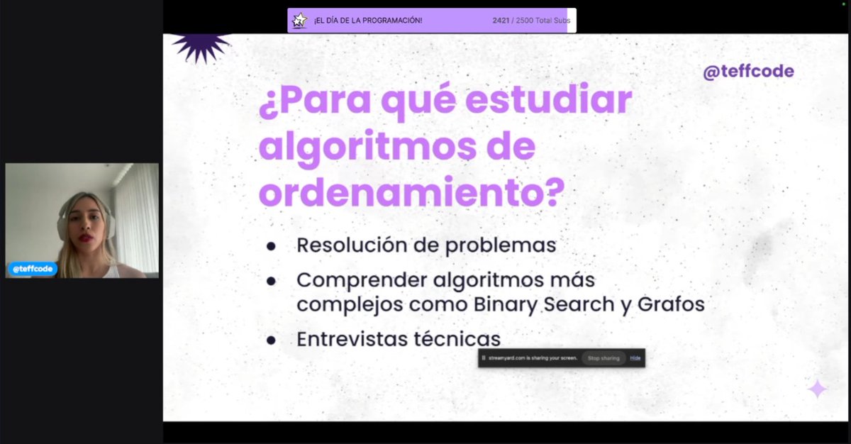 martavilaseca's tweet image. Hablamos de complejidad algorítmica con
@teffcode! Concretamente sobre algoritmos de ordenamiento y haremos quizzes y todo, toca estar atenta 🤓📝 #miduConf