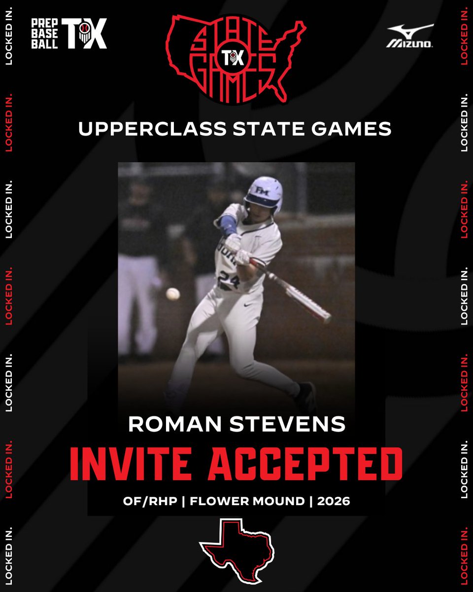 𝐔𝐩𝐩𝐞𝐫𝐜𝐥𝐚𝐬𝐬 𝐒𝐭𝐚𝐭𝐞 𝐆𝐚𝐦𝐞𝐬 𝐈𝐧𝐯𝐢𝐭𝐞 𝐀𝐜𝐜𝐞𝐩𝐭𝐞𝐝

'26 OF/RHP Roman Stevens (<a href="/RomanStevens44/">Roman Stevens44</a>)
<a href="/FMJagsHardball/">FlowerMoundBaseball</a> | <a href="/2026_alexander/">Canes SW National 17u</a>

Stevens will join us at the 3rd Annual State Games, 9/20-9/22 at Weatherford JC. 

More Info: loom.ly/Yzv1DgY