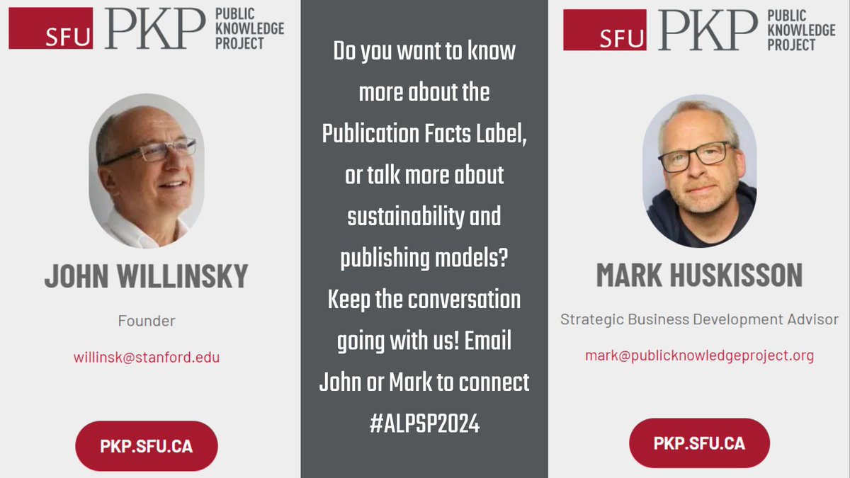 pkp's tweet photo. If you'd like to continue chats on #PFLabel, sustainability, #OpenAccess, #ScholarlyPublishing models, #OJS & more on the heels of #ALPSP2024, connect with PKP's @JohnWillinsky & Mark Huskisson (@MHuski)!
Contact
John: https://t.co/2UbmXPSc8a
Mark: https://t.co/RJqilDrFQ6 https://t.co/CU3rposUgH