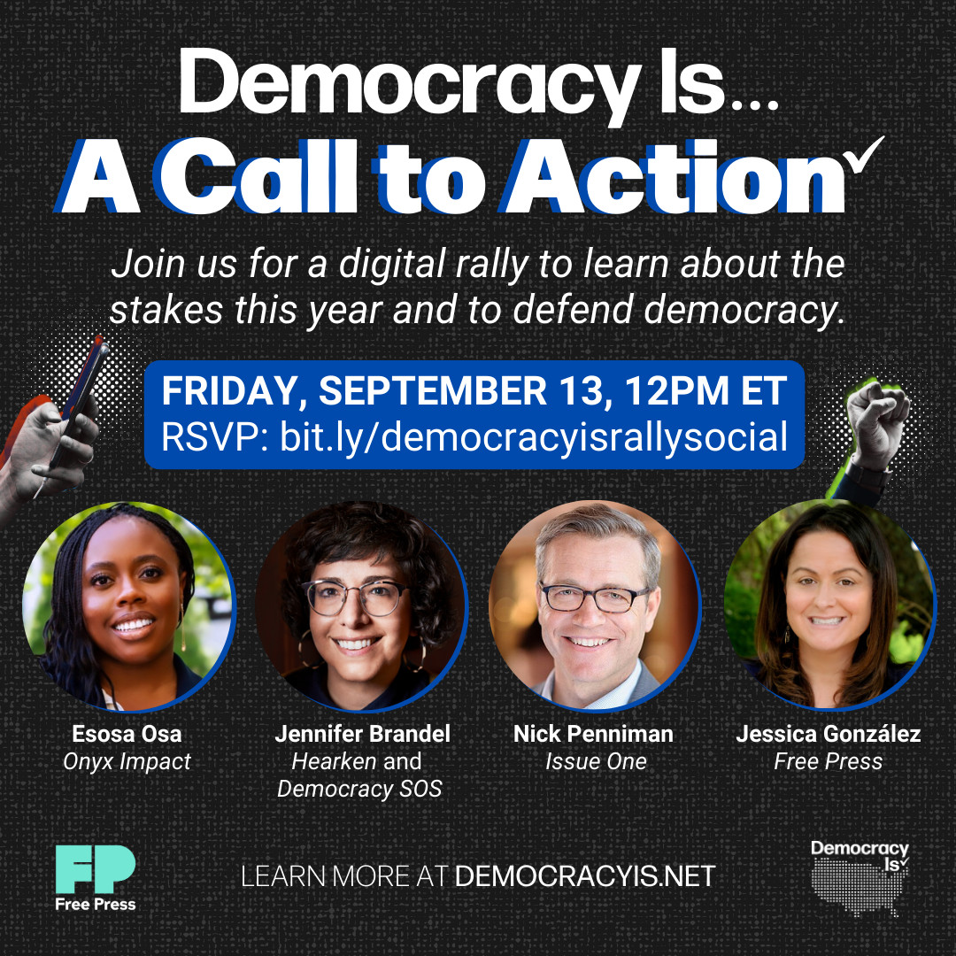 freepress's tweet image. Rising authoritarianism is threatening democracies across the globe. That&apos;s why @freepress launched a new initiative: Democracy Is...

Join us w/ @IssueOneReform @wearehearken &amp;amp; Onyx Impact for a a digital rally TOMORROW, Sept. 13. #DemocracyIs

RSVP: us02web.zoom.us/webinar/regist…