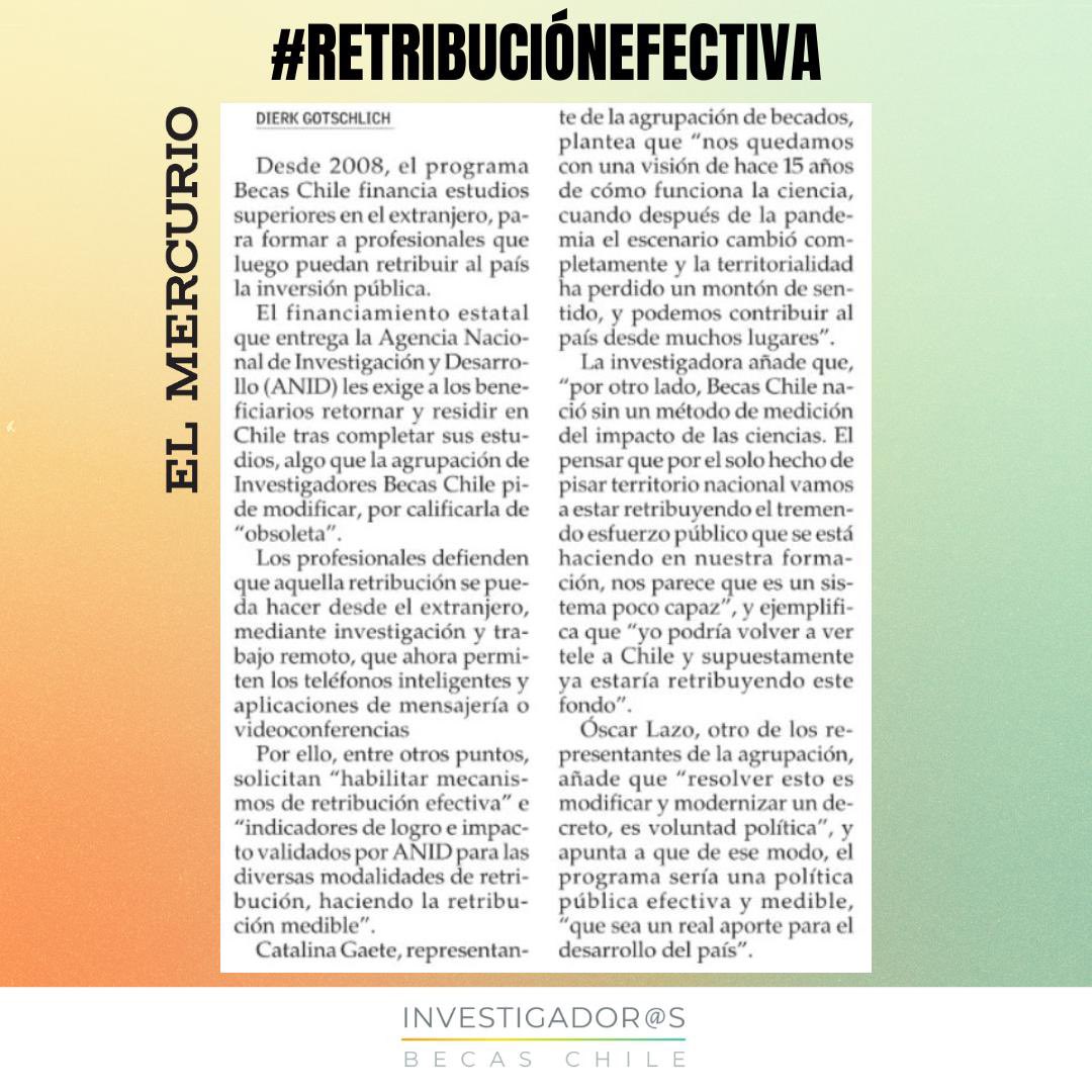 📣 Esta semana, nuestra propuesta de una #retribuciónefectiva, medible y retroactiva apareció en @ElMercurio_cl. Le recordamos al <a href="/min_ciencia/">Ministerio de Ciencia</a> que l@s investigadores de Chile en el extranjero queremos contribuir al desarrollo del país AHORA! 🙌