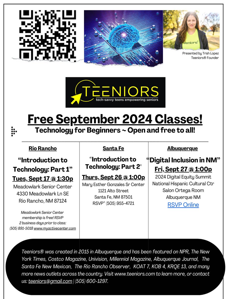 Teeniors's tweet image. Hey ABQ, Rio Rancho &amp;amp; Santa Fe #NM! We hope to see you in Sept! 💛 

#AgeInclusion #TechInclusion #SocialInclusion