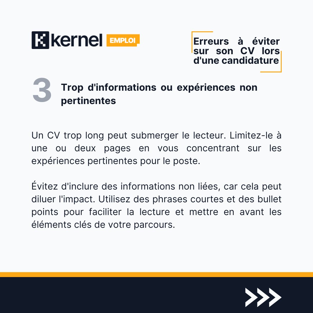 wearekernel_off's tweet photo. 🙆‍♂️Un CV trop chargé peut perdre l'attention. Limitez-vous à une ou deux pages et restez pertinent.

3/6 https://t.co/Bq1iafvhoE