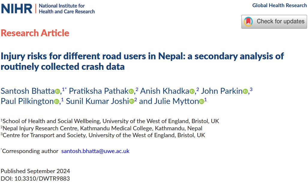 Santosh Bhatta, PhD (@bhatta111) on Twitter photo We are pleased to share our research article just published on Global Health Res 2024. journalslibrary.nihr.ac.uk/ghr/published-…. “Injury risks for different road users in Nepal: a secondary analysis of routinely collected crash data” <a href="/NIHRresearch/">National Institute for Health and Care Research</a> <a href="/NIRC_Nepal/">Nepal Injury Research Centre</a> <a href="/PublicHealthUWE/">UWE Public Health</a> <a href="/UWE_Research/">Research from UWE Bristol</a> We are pleased to share our research article just published on Global Health Res 2024. journalslibrary.nihr.ac.uk/ghr/published-…. “Injury risks for different road users in Nepal: a secondary analysis of routinely collected crash data” <a href="/NIHRresearch/">National Institute for Health and Care Research</a> <a href="/NIRC_Nepal/">Nepal Injury Research Centre</a> <a href="/PublicHealthUWE/">UWE Public Health</a> <a href="/UWE_Research/">Research from UWE Bristol</a>