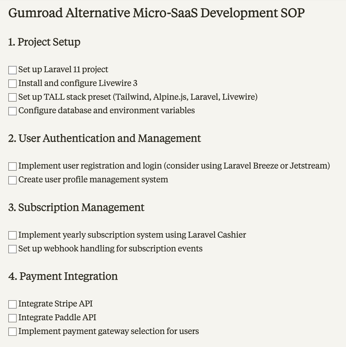 Here's a quick example of this:

I told Claude I want to create a clone of Gumroad in Laravel. Here's the high level SOP it created:

claude.site/artifacts/d493…

Then I asked it for an in-depth SOP on how to create section 5 (product management):

claude.site/artifacts/0648…

(note: it