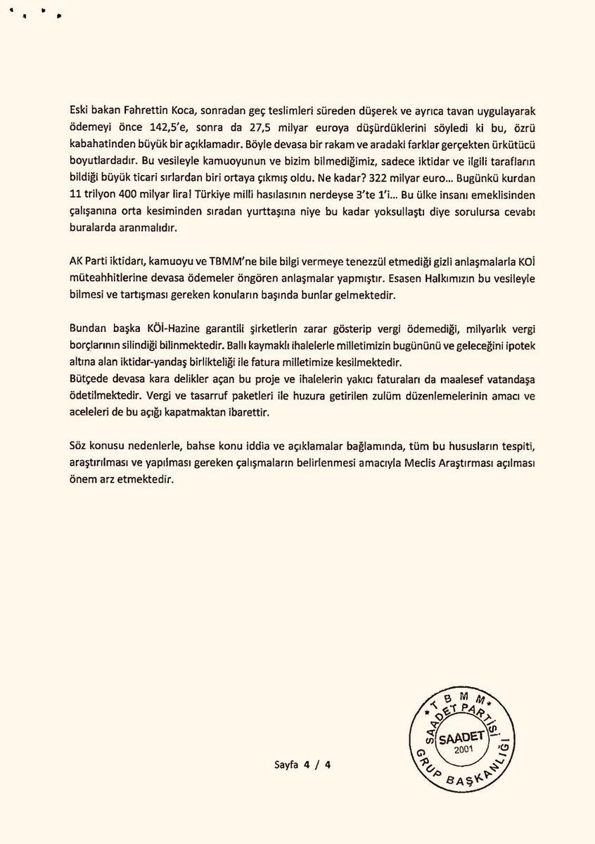 12 Eylül 2024 
Cumhurbaşkanlığı Hükümet Sistemi nedir? Devam ediyoruz.

AK Parti hükümeti, kamuoyu ve TBMM’ne bile bilgi vermeye tenezzül etmediği gizli anlaşmalarla, KÖİ müteahhitlerine fahiş ödemeler öngören anlaşmalar yaptı. Esasen iktidar, halkımızı iyice yoksullaştıran ve