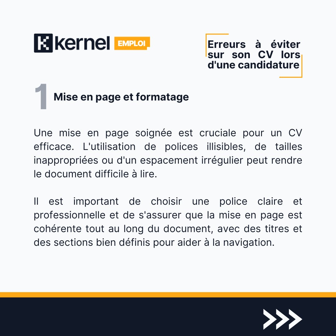 wearekernel_off's tweet photo. 💡Une mise en page soignée fait toute la différence ! Choisissez des polices claires et assurez-vous que votre CV est facile à lire.

1/6 https://t.co/pWojtDk9bL