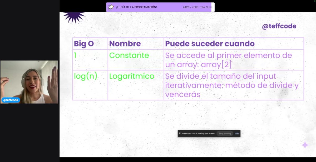 hugok2k's tweet image. [AHORA] Esta @teffcode dando una charla en #miduConf &quot;Guía Práctica para Medir la Complejidad Algorítmica&quot;