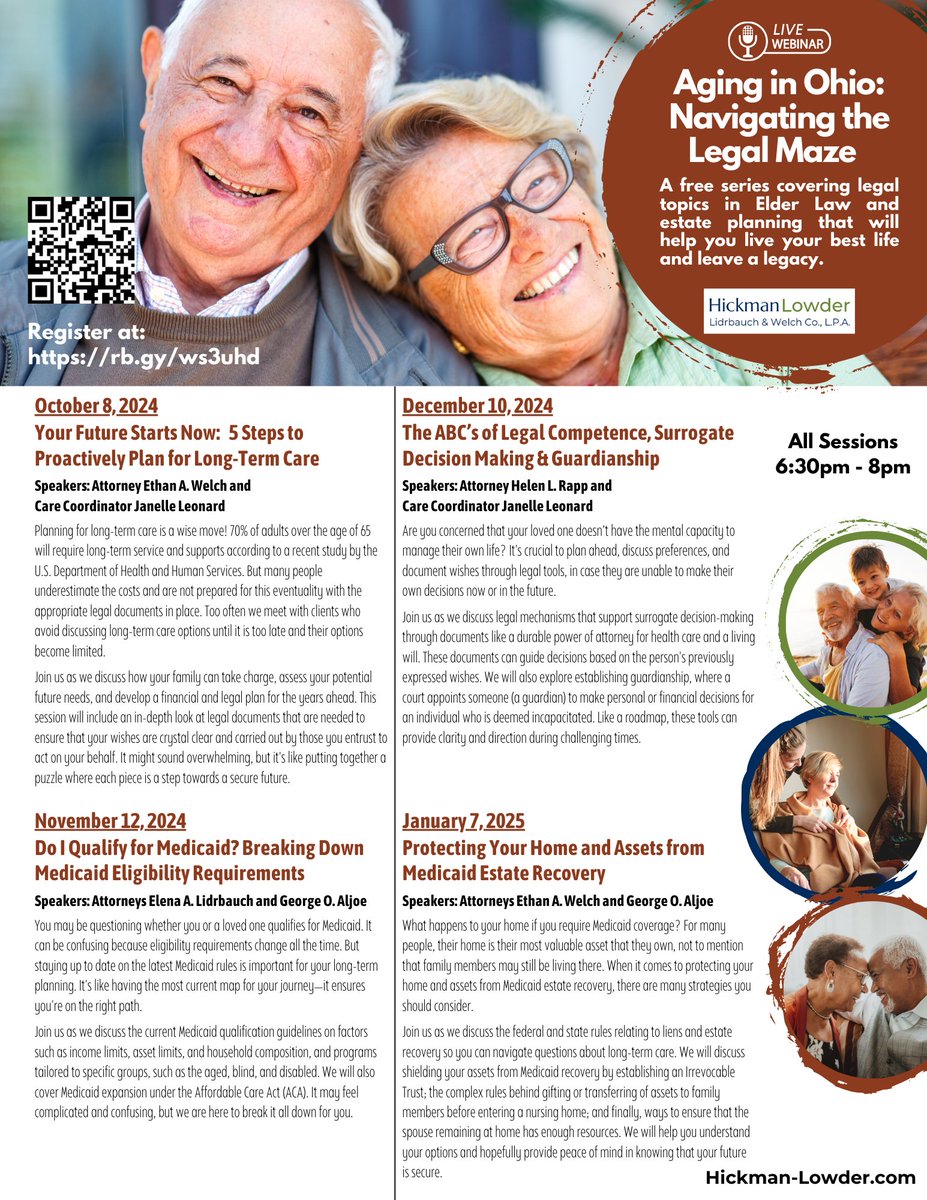 Hickman Lowder proudly presents the 2024 talk series, Aging in Ohio: Navigating the Legal Maze.  Join us for our first session, Your Future Starts Now: Five Steps to Proactively Plan for Long-Term Care, on October 8th at 6:30pm. Register today at rb.gy/mqx8sn.