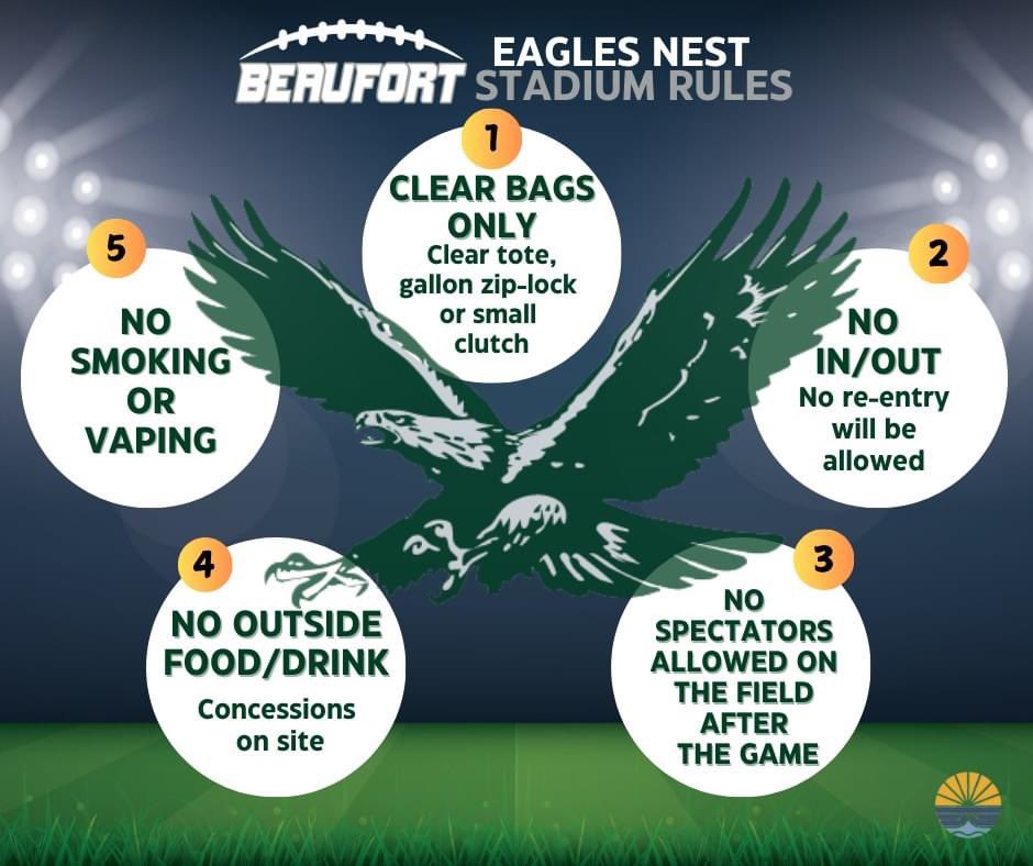 Beaufort High School Athletics (@high_beaufort) on Twitter photo In preparation for this week's home football game, the <a href="/Beaufort_HS/">Beaufort High School</a> Athletic Director wants to remind us all about the stadium rules. These will be enforced.
#beauforteagles🦅 In preparation for this week's home football game, the <a href="/Beaufort_HS/">Beaufort High School</a> Athletic Director wants to remind us all about the stadium rules. These will be enforced.
#beauforteagles🦅