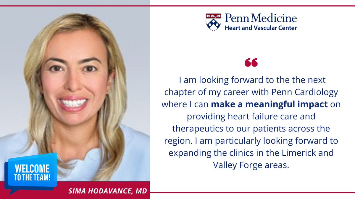 Penn Cardiology (@penncardiology) on Twitter photo We're thrilled to officially welcome <a href="/SimaHodavance/">Sima Hodavance</a> 🩺 to the <a href="/PennCardiology/">Penn Cardiology</a> team! 🎉
Learn about Dr. Hodavance's expertise ➡️ spr.ly/6019WuwvW
<a href="/PennCVWomen/">Penn Women in Cardiology</a> #WomenInMedicine #WomenInCardiology We're thrilled to officially welcome <a href="/SimaHodavance/">Sima Hodavance</a> 🩺 to the <a href="/PennCardiology/">Penn Cardiology</a> team! 🎉
Learn about Dr. Hodavance's expertise ➡️ spr.ly/6019WuwvW
<a href="/PennCVWomen/">Penn Women in Cardiology</a> #WomenInMedicine #WomenInCardiology
