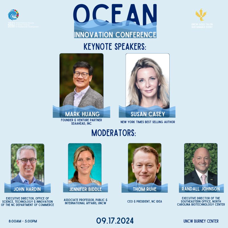Explore new solutions for our ocean and waterways at the <a href="/UNCW_CIE/">UNCW Center for Innovation & Entrepreneurship</a> Ocean Innovation Conference on Sept 17th! Prepare to be inspired by 2 keynotes – Mark Huang &amp; Susan Casey – as they share their transformative insights &amp; groundbreaking ideas. 
RSVP Now: ow.ly/7Iai50TilHQ