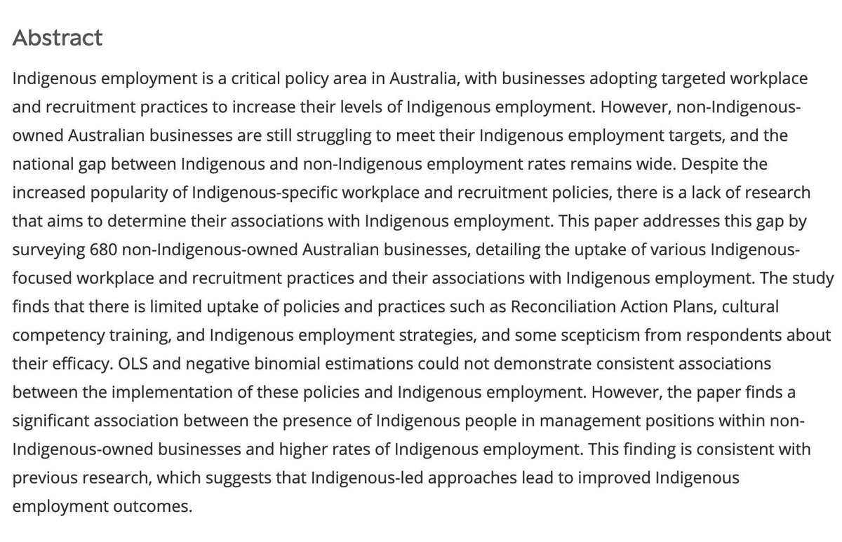 Journal of Industrial Relations (@jirjournal) on Twitter photo Despite targeted policies, many 🇦🇺 businesses struggle to meet #Indigenous employment targets
📄 by researchers from <a href="/ANUmedia/">ANU Media</a> <a href="/FedUniAustralia/">Federation University</a> & <a href="/Griffith_Uni/">Griffith University</a> highlights the importance of Indigenous management in driving success
#industrialrelations
doi.org/10.1177/002218… Despite targeted policies, many 🇦🇺 businesses struggle to meet #Indigenous employment targets
📄 by researchers from <a href="/ANUmedia/">ANU Media</a> <a href="/FedUniAustralia/">Federation University</a> & <a href="/Griffith_Uni/">Griffith University</a> highlights the importance of Indigenous management in driving success
#industrialrelations
doi.org/10.1177/002218…