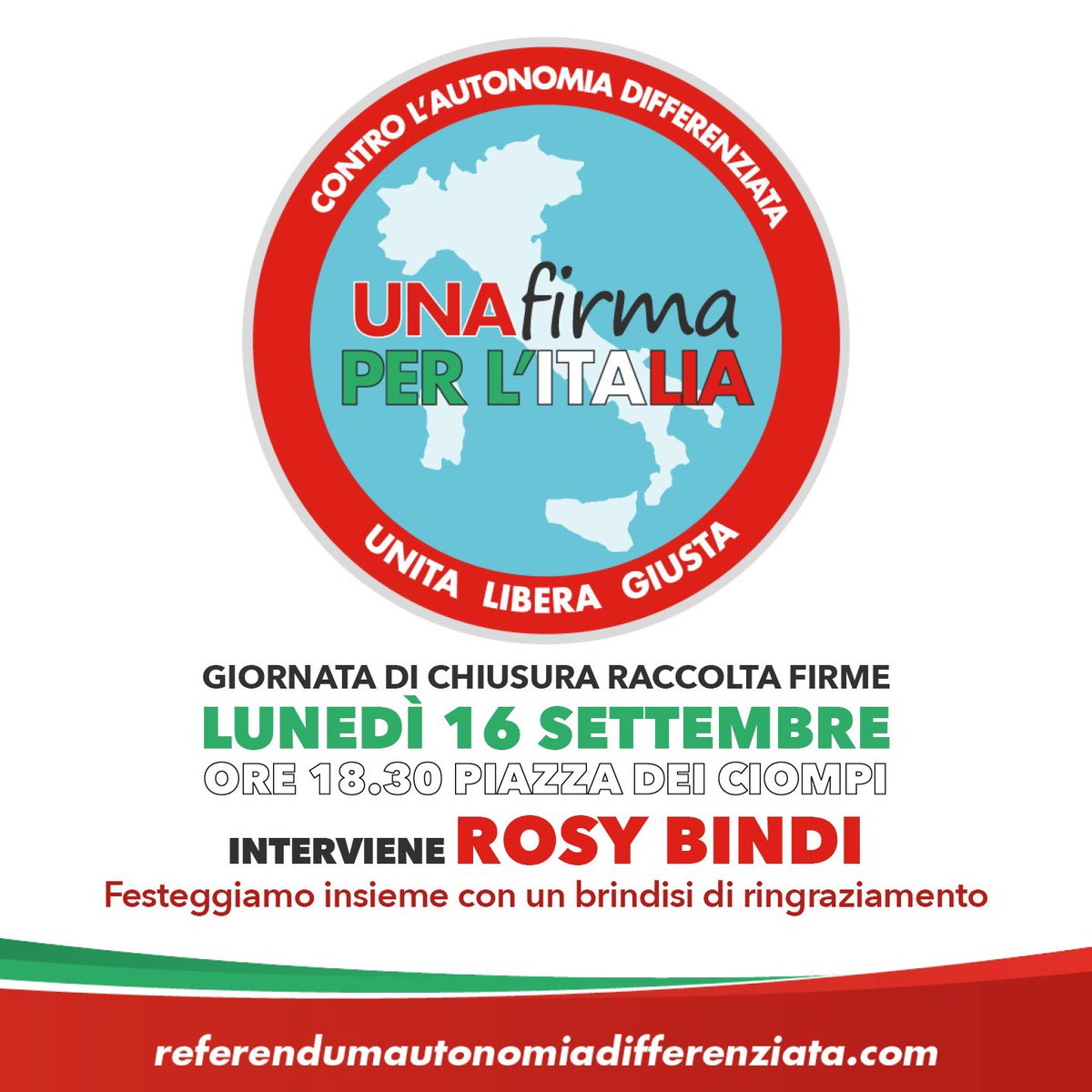 📌 A Firenze lunedì 16 settembre in piazza Ciompi ore 18:30 iniziativa di chiusura della campagna di raccolta firme per il #referendum abrogativo della legge sull’#autonomiadifferenziata. Interverrà #RosyBindi. Alla fine, brindisi di ringraziamento