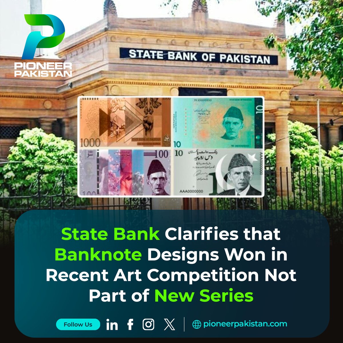 PioneerPakistan's tweet image. The recent art competition was not for designing new banknotes. Instead, SBP is engaging international firms to create the new designs, with proposals due by December 2024 and final submissions by January 2025. 

#SBP #ArtCompetition #BanknoteDesign #PioneerPakistan #NewNotes