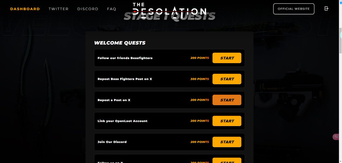 【0撸】thedesolation没事做撸一下

通过推特登陆，接着去做社交任务，都是假任务，点完回来就完成了，今天是没有其他项目了做一下，没查到什么融资，发布估计也不会很快。看着办吧

链接：quests.thedesolation-online.com/en/referral/?c…