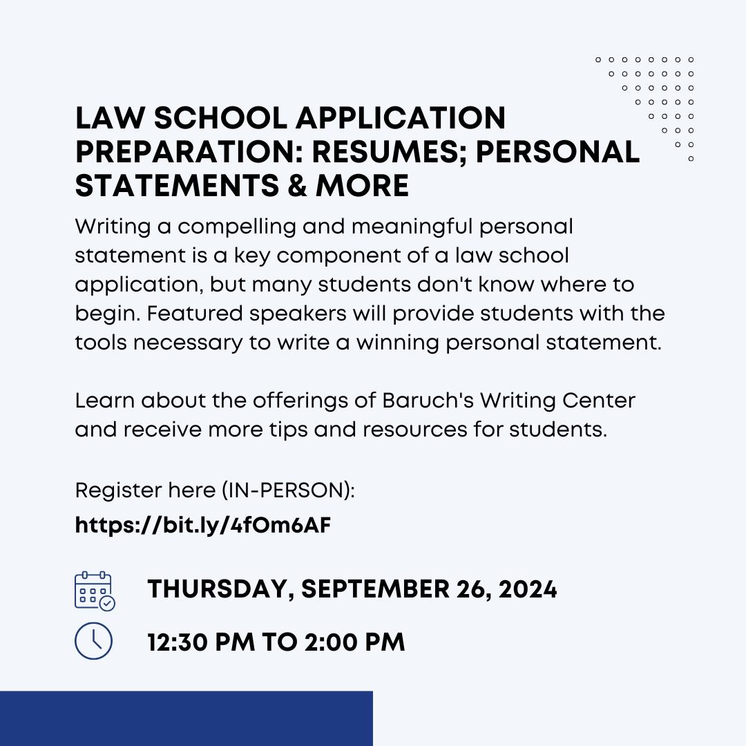 Are You Interested In Pre-Law?

Take a look at these upcoming events sponsored by Baruch's #MaxBergerPreLawProgram! The first of these events is a law school info session starting today at 12:30PM in Room NVC 14-280! Register for that workshop here: bit.ly/3AwkUSi
