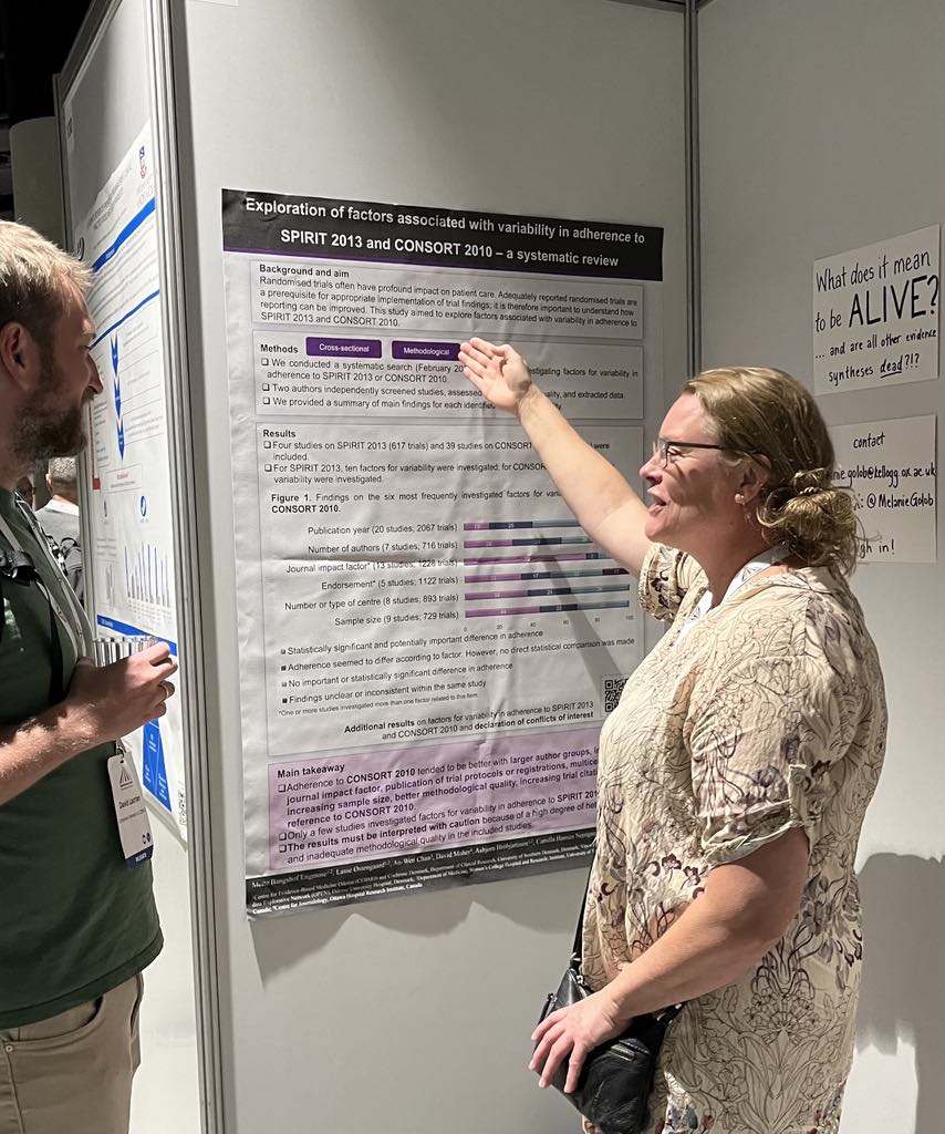Mette Bangshof Engmose: 
We found 43 studies exploring associations between adherence to CONSORT or SPIRIT and various factors, e.g. journal impact factor. Results limited by heterogeneous findings and low study quality.

#SPIRIT #CONSORT #ReportingGuidelines #GES2024