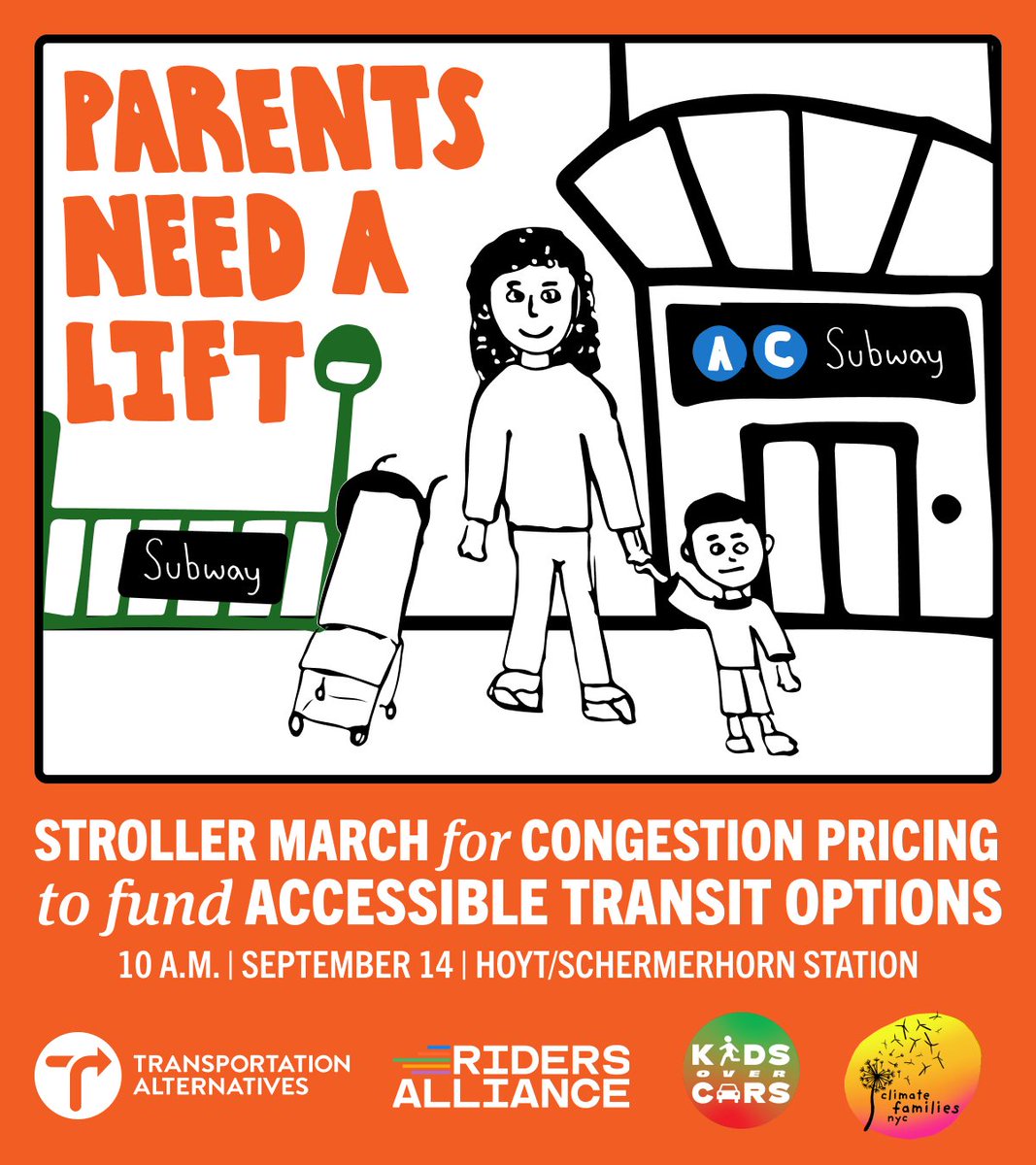 TransAlt's tweet image. Calling all parents, caregivers, grandparents, babysitters, and little ones!

With Kathy Hochul's congestion pricing cancellation, families are paying the price with inaccessible subways, slow buses, and congested streets.

Join us Saturday: mobilize.us/transalt/event…