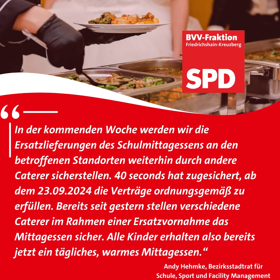 Unser Bezirksstadtrat für Schule, Sport und Facility Management, <a href="/AndyHehmke/">Andy Hehmke</a>, hat heute gemeinsam mit der Senatsverwaltung  für Bildung, Jugend und Familie (<a href="/SenBJF/">Senatsverwaltung für Bildung, Jugend und Familie</a>) und dem #Caterer 40 Seconds folgende Vereinbarung getroffen: "In der kommenden Woche werden wir die