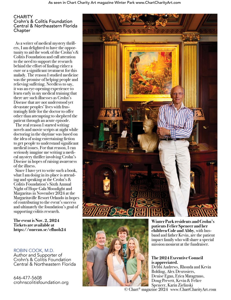 ChartMagazine's tweet photo. Charting Crohn’s &amp; Colitis Foundation #EVENT  Medical Thriller Author Robin Cook M.D. is  honoree &amp; speaker. Winter Park residents are family impact speakers #robincook #author #crohns
https://t.co/fQt7ld5LbY . Event  https://t.co/X1aPKgninn .
 #charity and #art in #winterpark https://t.co/QGckaLuNcv