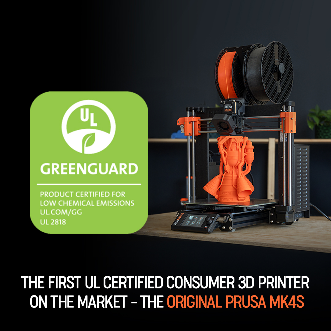 Prusa3D's tweet photo. The Original Prusa MK4S and MK4 set a new standard as the first UL-certified consumer FFF 3D printers on the market, 🌟 proving they're safe by measuring low levels of airborne emissions during printing (Volatile Organic Compounds (VOCs) and Ultrafine Particles (UFPs)). They meet the strict safety standards when used with Prusament PLA and PETG, making them a safe choice for homes, offices, and classrooms. ✅ Read more in our new article.

https://t.co/ELnRceJRp9