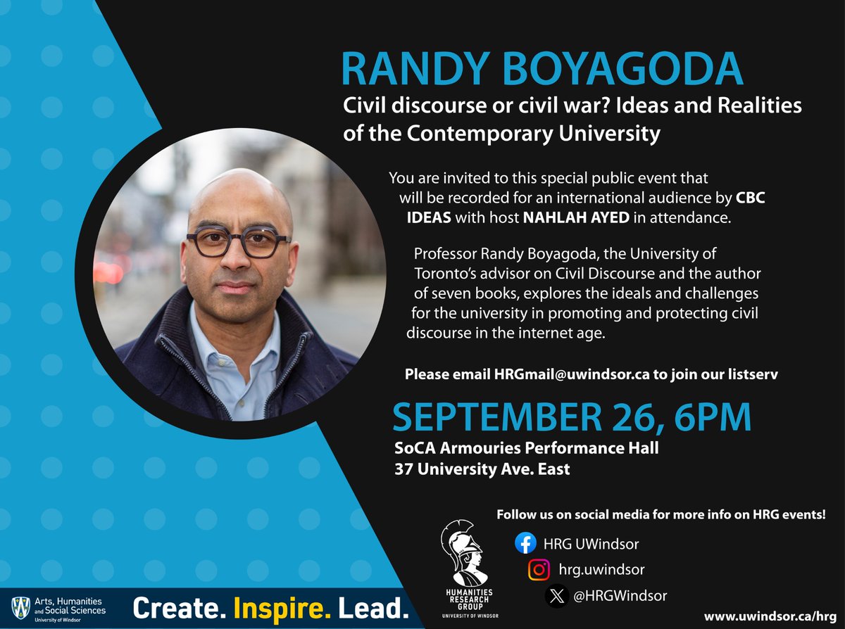 Emmanuelle Richez (@emmarichez) on Twitter photo Don't miss the <a href="/HRGWindsor/">HRG UWindsor</a> talk "Civil discourse or civil war? Ideas and realities of the Contemporary University" by @RandyBoyagoda on September 26 at 6PM in the SoCa Armouries Performance Hall. Don't miss the <a href="/HRGWindsor/">HRG UWindsor</a> talk "Civil discourse or civil war? Ideas and realities of the Contemporary University" by @RandyBoyagoda on September 26 at 6PM in the SoCa Armouries Performance Hall.