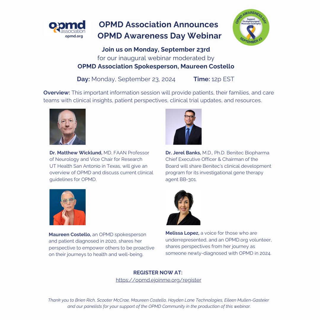 OPMD Association is thrilled to announce our OPMD Awareness Day event. Join us on September 23rd for a free OPMD Informational Webinar at noon eastern. Register here, opmd.ejoinme.org/register
#OPMD #OculopharyngealMuscularDystrophy #OPMDawarenessDaySept23 #OPMDawareness
